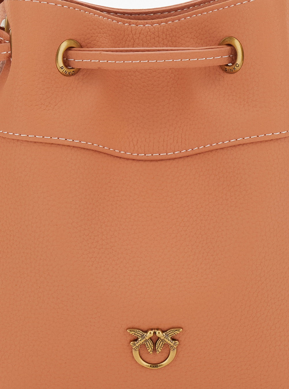 Orange Mini Bucket Bag With Metallic Love Birds Logo On The Front Hammered Leather Woman Goat Crossbody