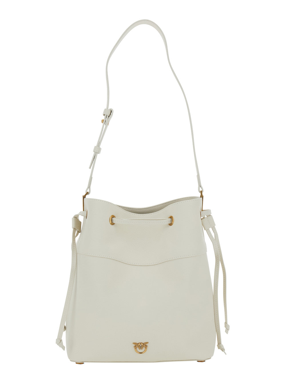 White Bucket Bag With Metallic Love Birds Logo On The Front Hammered Leather Woman Goat Crossbody