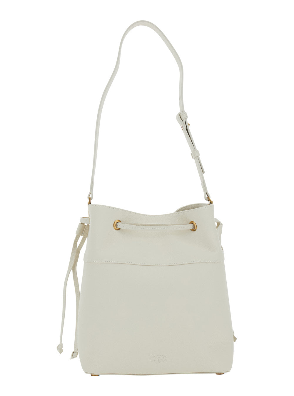 White Bucket Bag With Metallic Love Birds Logo On The Front Hammered Leather Woman Goat Crossbody