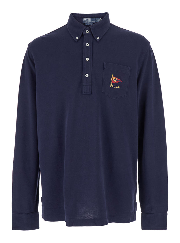 Classic Fit Blue Polo with Collar and Embroidered Logo on the Front in Cotton Mesh Man Blu Tshirts Shirts