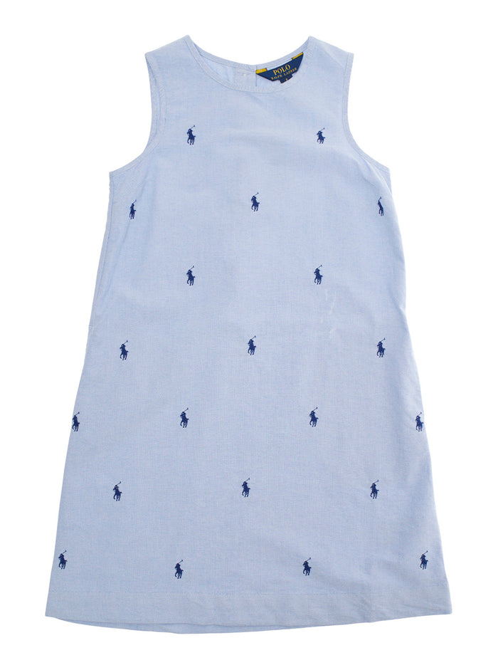 Blue Crewneck Sleeveless Dress With All-Over Pony Embroidery Cotton Girl Blu