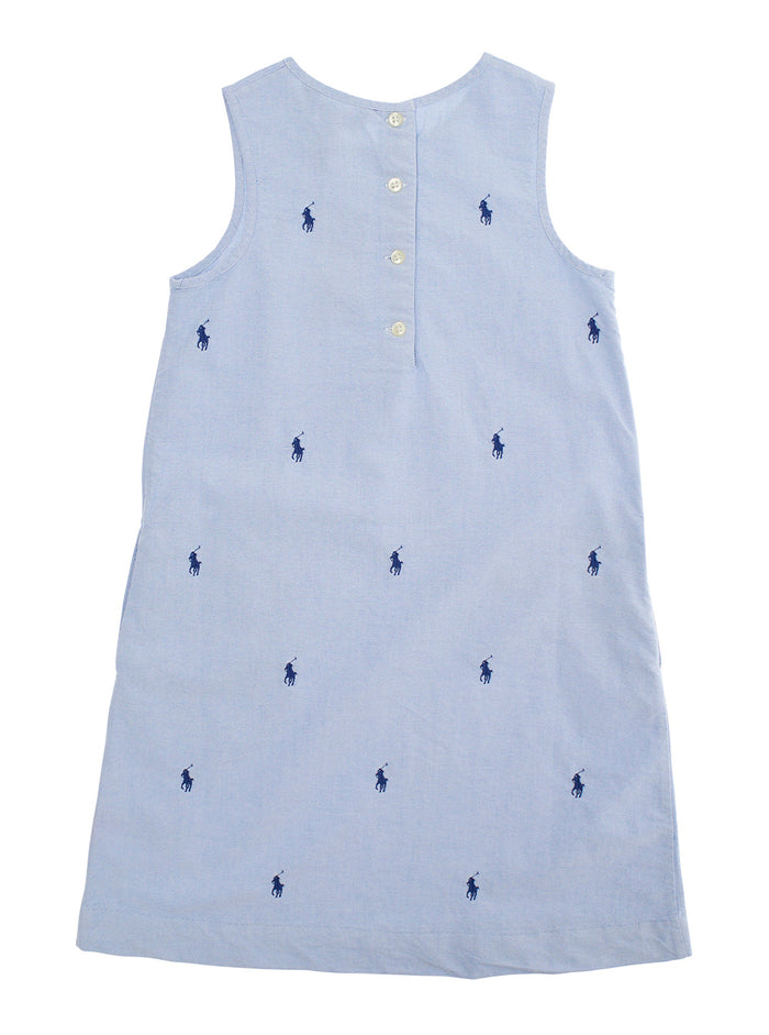 Blue Crewneck Sleeveless Dress With All-Over Pony Embroidery Cotton Girl Blu