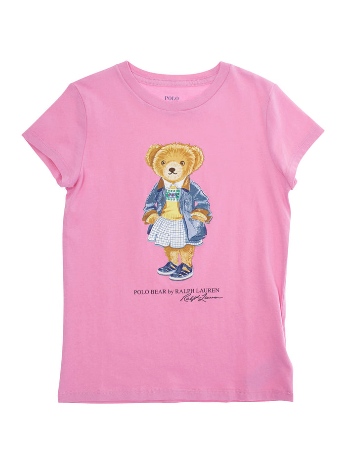Fuchsia T-Shirt With Polo Bear Printed On The Front Cotton Girl Fuxia Tshirts And Shirts
