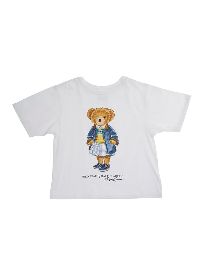 White T-Shirt With Polo Bear Printed On The Front Cotton Girl Tshirts And Shirts