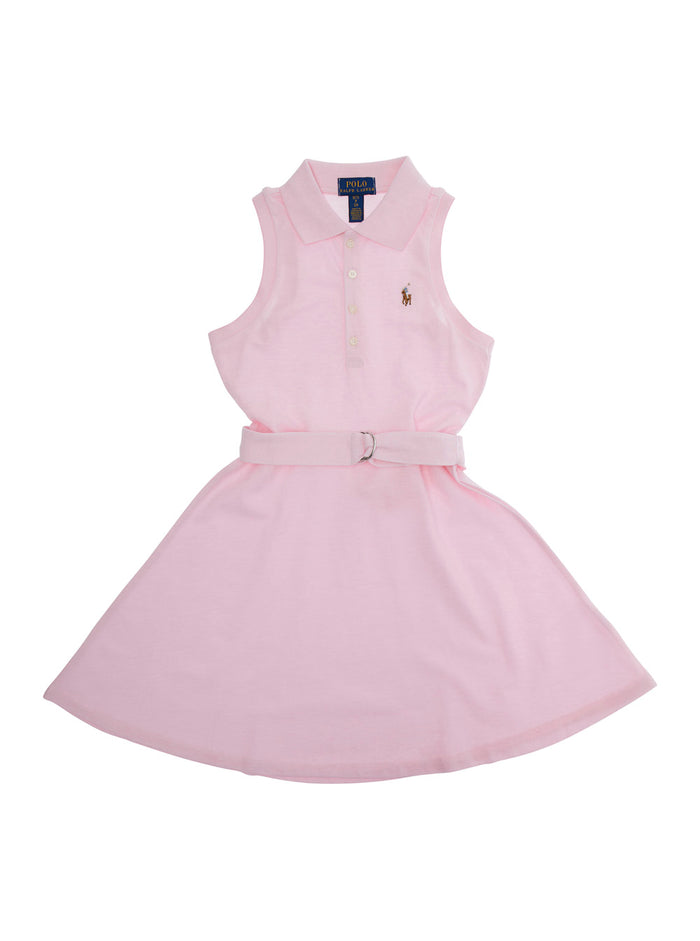 Pink Dress With Pony Logo Embroidered On The Front And Waist Belt Cotton Girl