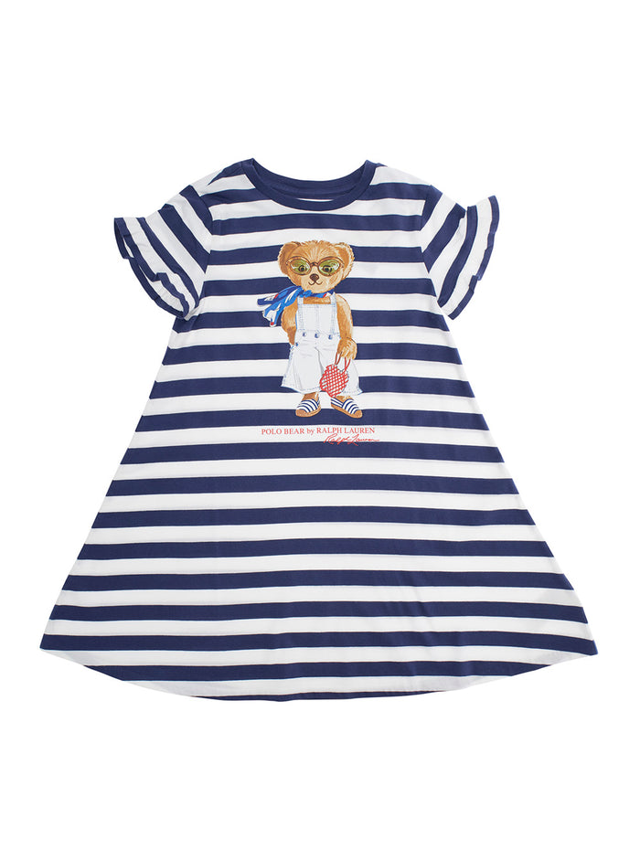 Multicolor Crewneck Dress With Logo Print On The Front And All-Over Striped Motif Cotton Girl