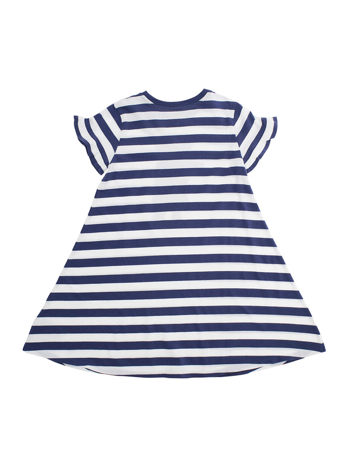 Multicolor Crewneck Dress With Logo Print On The Front And All-Over Striped Motif Cotton Girl