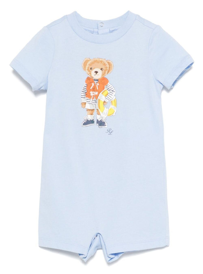 Blue One-Piece With Round Neck And Maxi Logo On The Front Cotton Baby Blu Jumpsuits