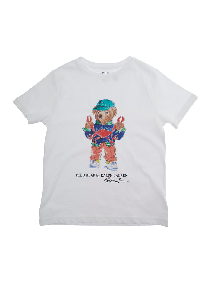 White Crewneck T-Shirt With Maxi Logo Print On The Front And Lettering Cotton Boy Tshirts Polo Shirts