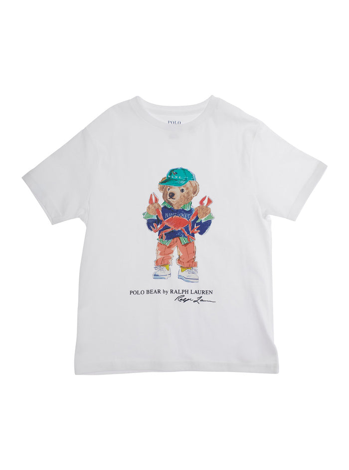White T-Shirt With Polo Bear Print On The Front Cotton Boy Tshirts And Shirts