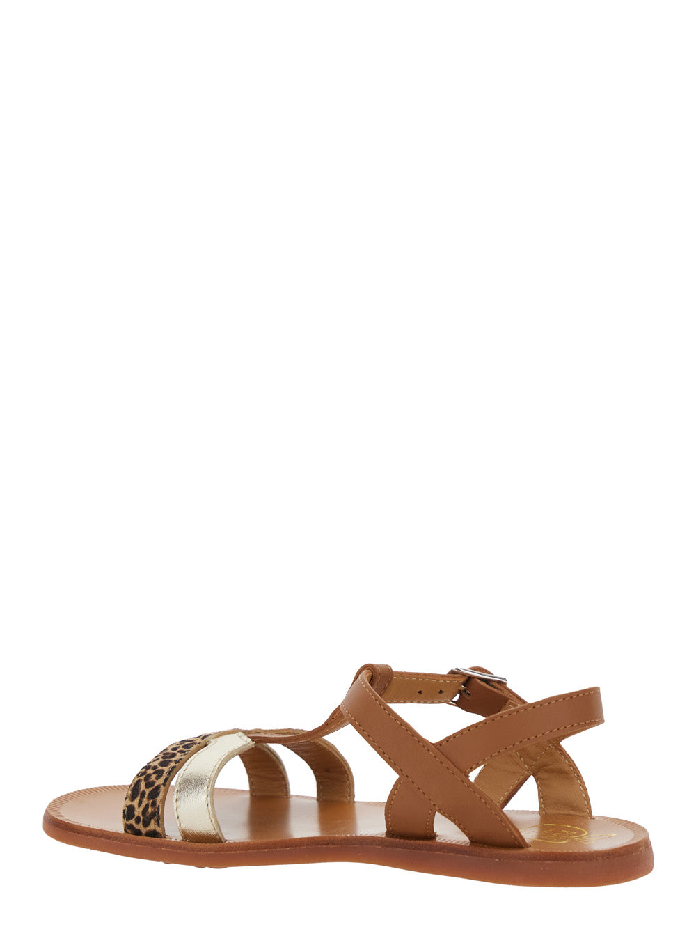 Plagette Salome Brown Open Toe Sandals with Leopard Print Band in Leather Girl Flat Shoes