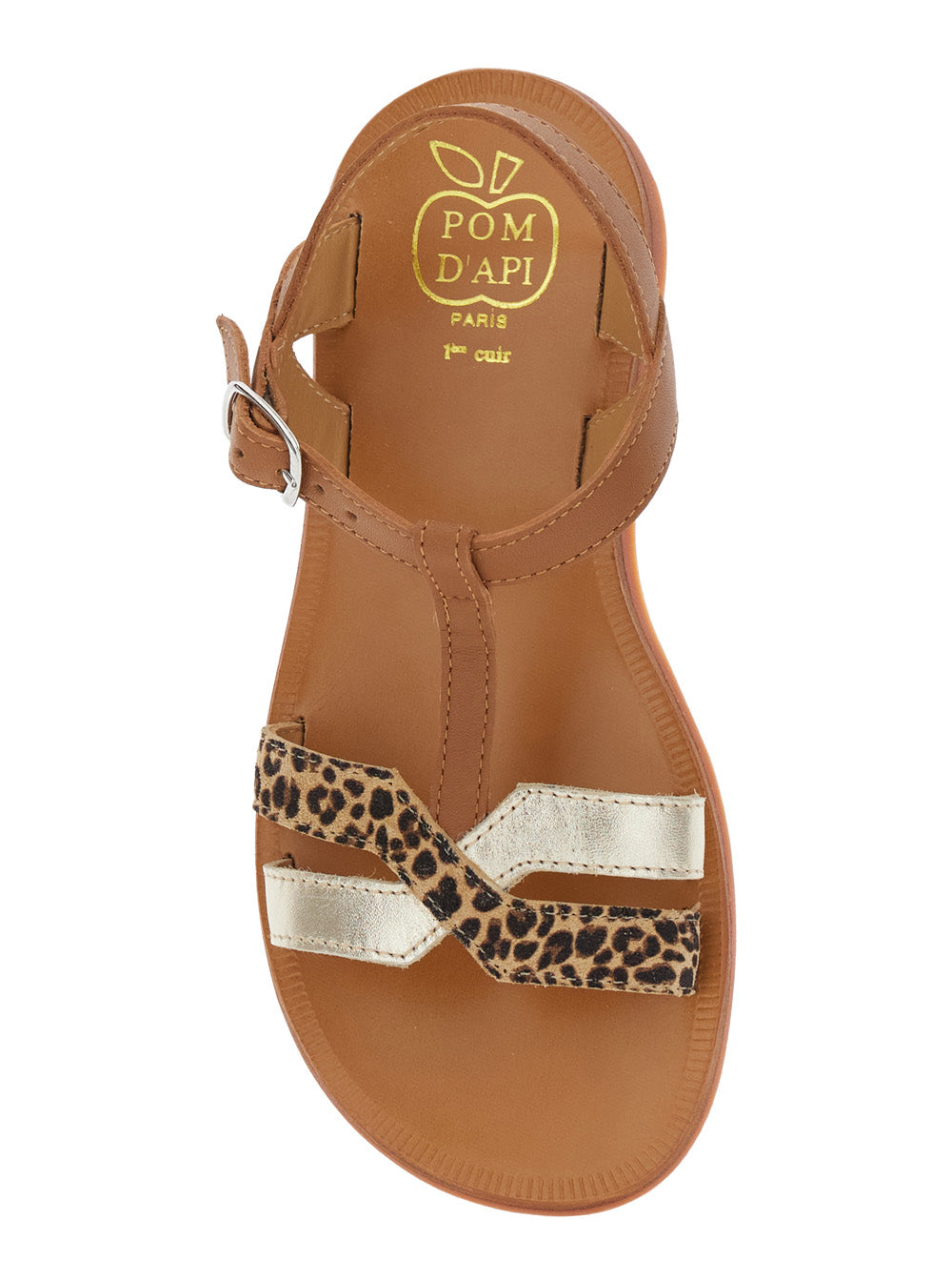 Plagette Salome Brown Open Toe Sandals with Leopard Print Band in Leather Girl Flat Shoes