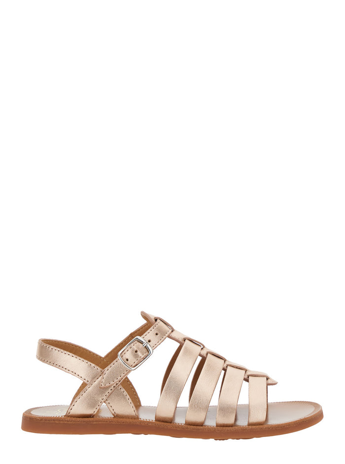 Plagette Metallic Sandals with Open Toe and Laminated Band Details in Leather Girl Flat Shoes