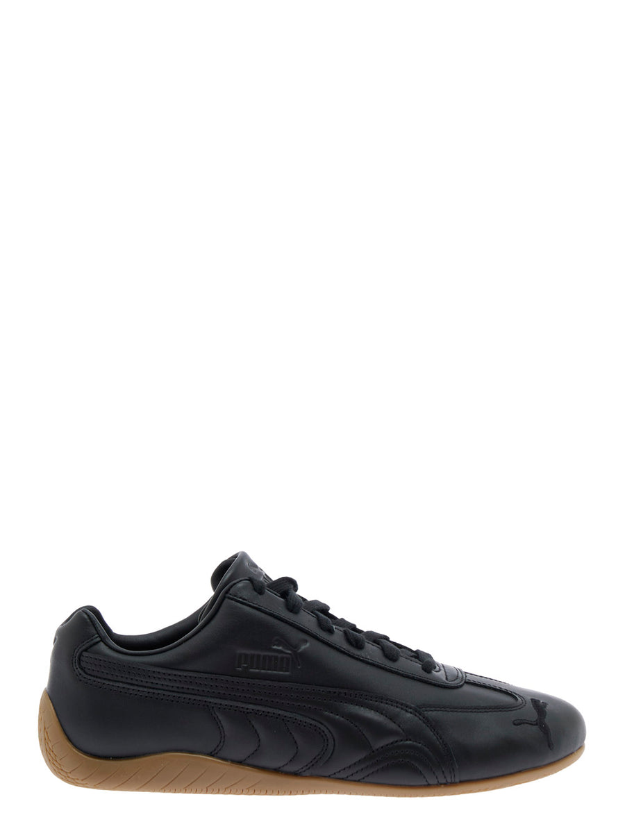 Black Low Top Sneakers With Embossed Logo Leather Trainers