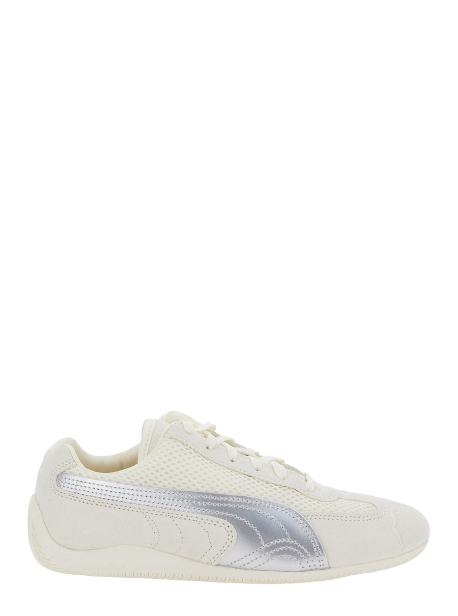 Beige Low Top Sneakers With Logo Patch Leather And Textile Trainers