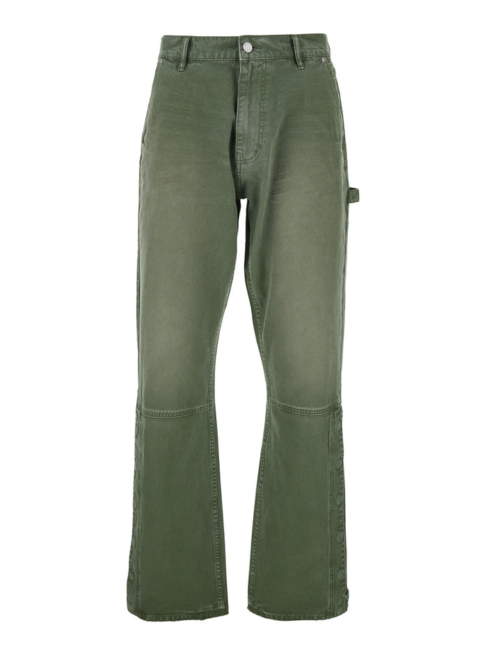 Green Pants with Logo Patch on the Rear and Automatic Buttons in Fabric Man Trousers