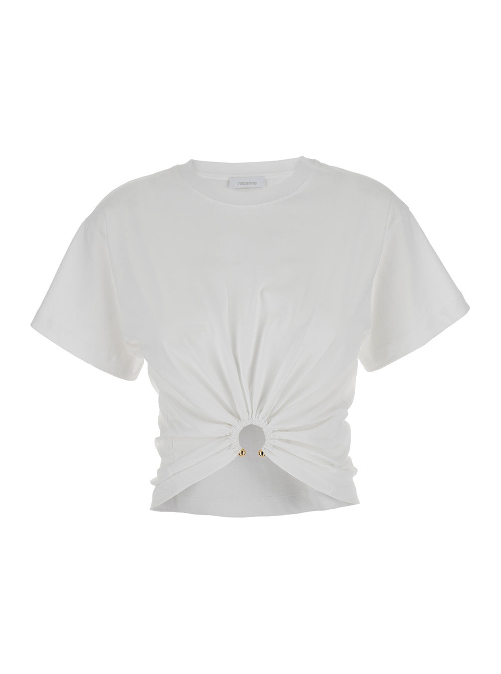 White Crewneck Top With Short Sleeves And Ruched Cut-Out On The Front Cotton Woman Tops