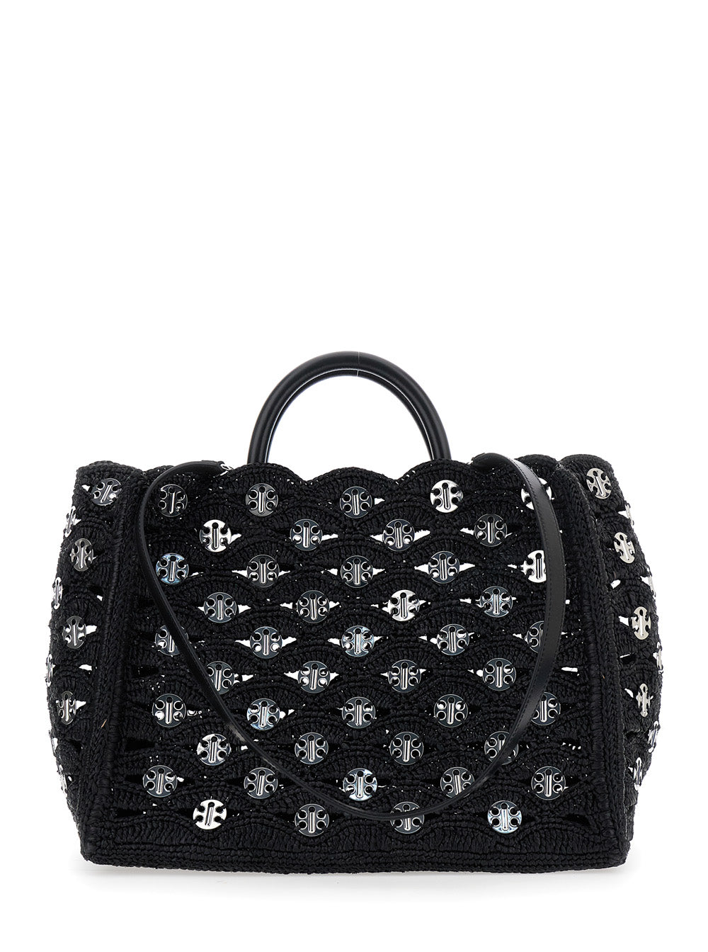 Black Handbag with Weaving and All-Over Disc Details in Raphia Woman Hand Bags