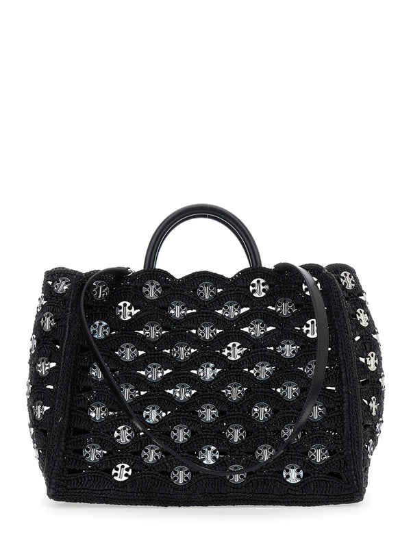 Black Handbag With Woven Disc Details Raphia Handbags
