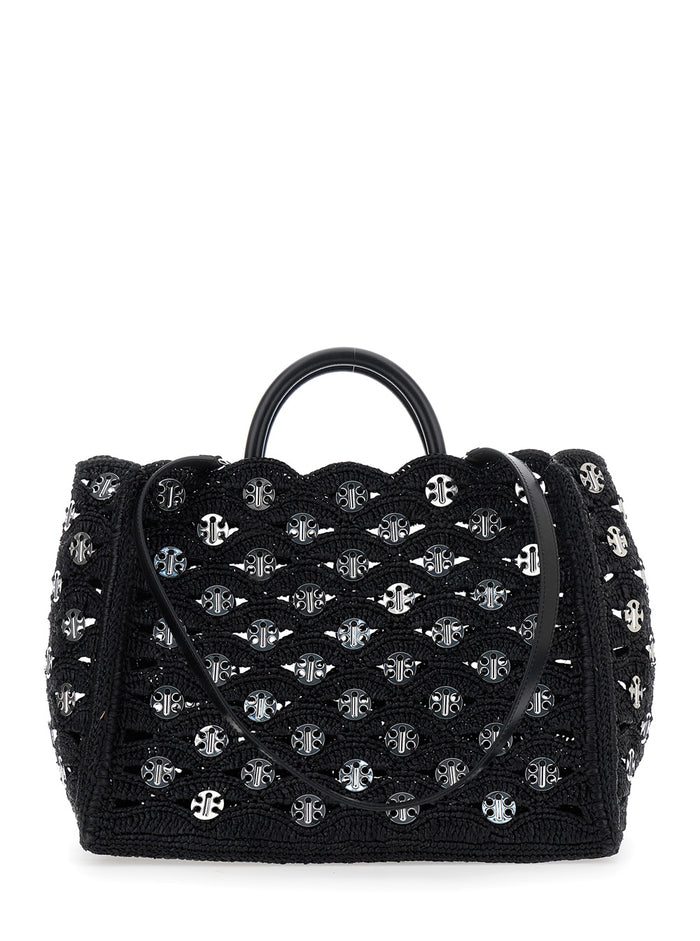 Black Handbag with Weaving and All-Over Disc Details in Raphia Woman Hand Bags