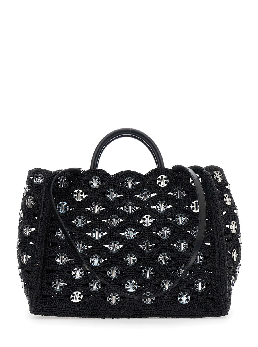 Black Handbag With Woven Disc Details Raphia Handbags