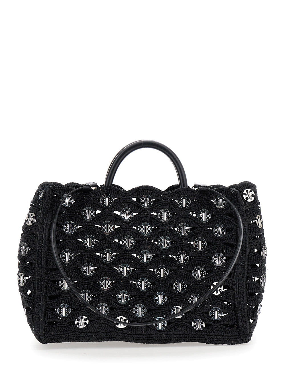 Black Handbag with Weaving and All-Over Disc Details in Raphia Woman Hand Bags
