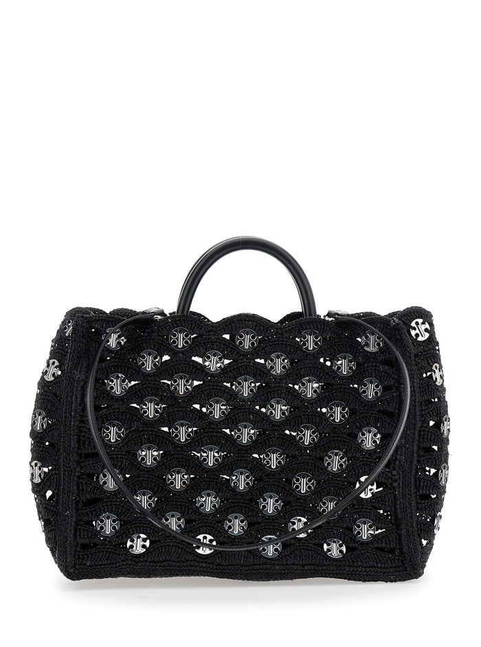 Black Handbag with Weaving and All-Over Disc Details in Raphia Woman Hand Bags