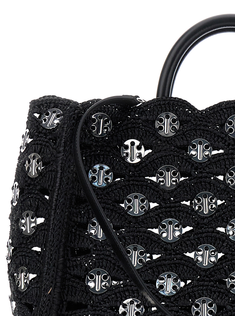 Black Handbag with Weaving and All-Over Disc Details in Raphia Woman Hand Bags