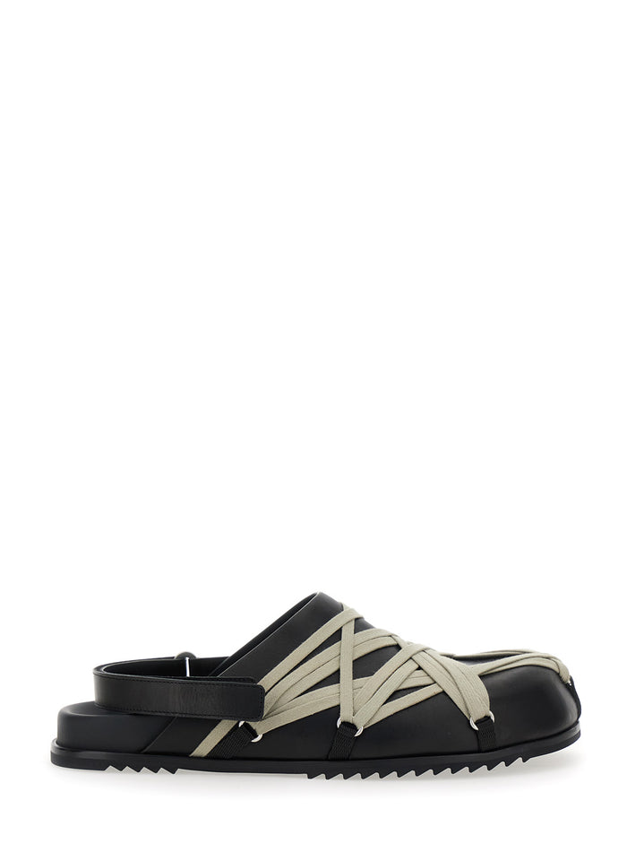 Megalaced Black Sandals With Rear Touch-Strap Closure And Decorative Oversize Laces Leather Woman Calf Flat Shoes