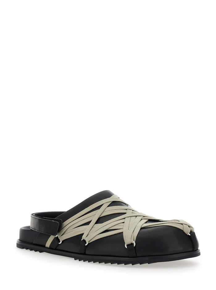Megalaced Black Sandals With Rear Touch-Strap Closure And Decorative Oversize Laces Leather Woman Calf Flat Shoes