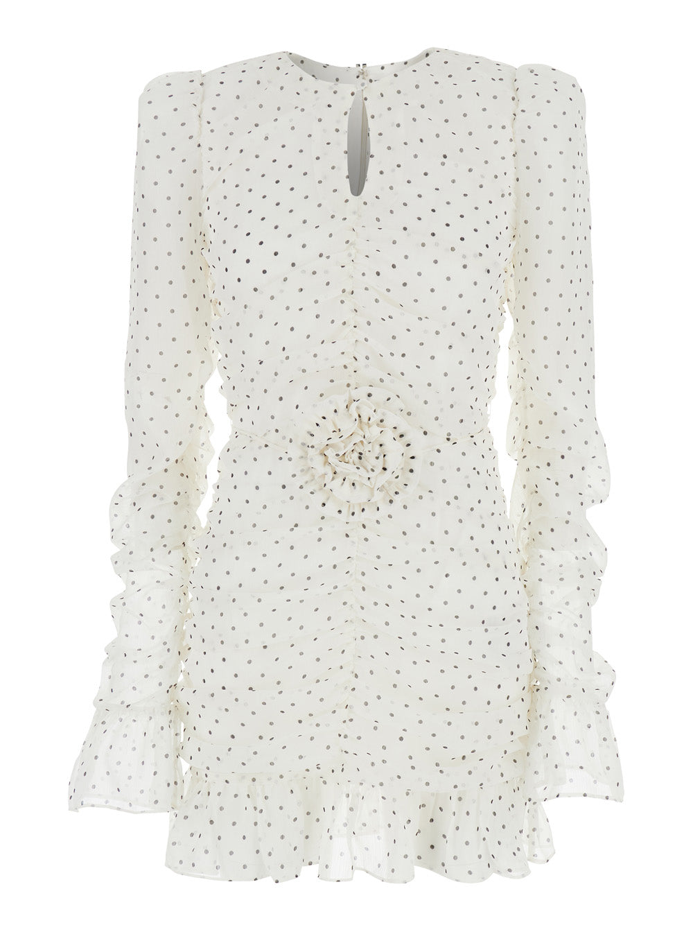 White Mini Dress With Keyhole Neck And All-Over Print Tech Fabric Woman Polyester