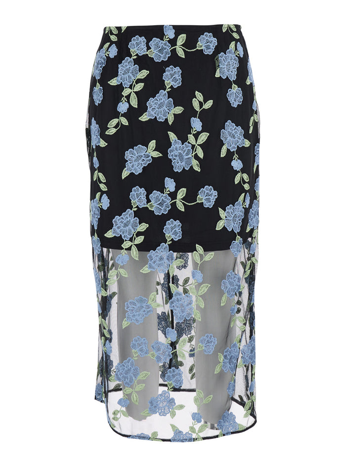 Black Pencil skirt with Mesh Panels and All-Over Floral Motif in Tech Fabric Woman Polyester