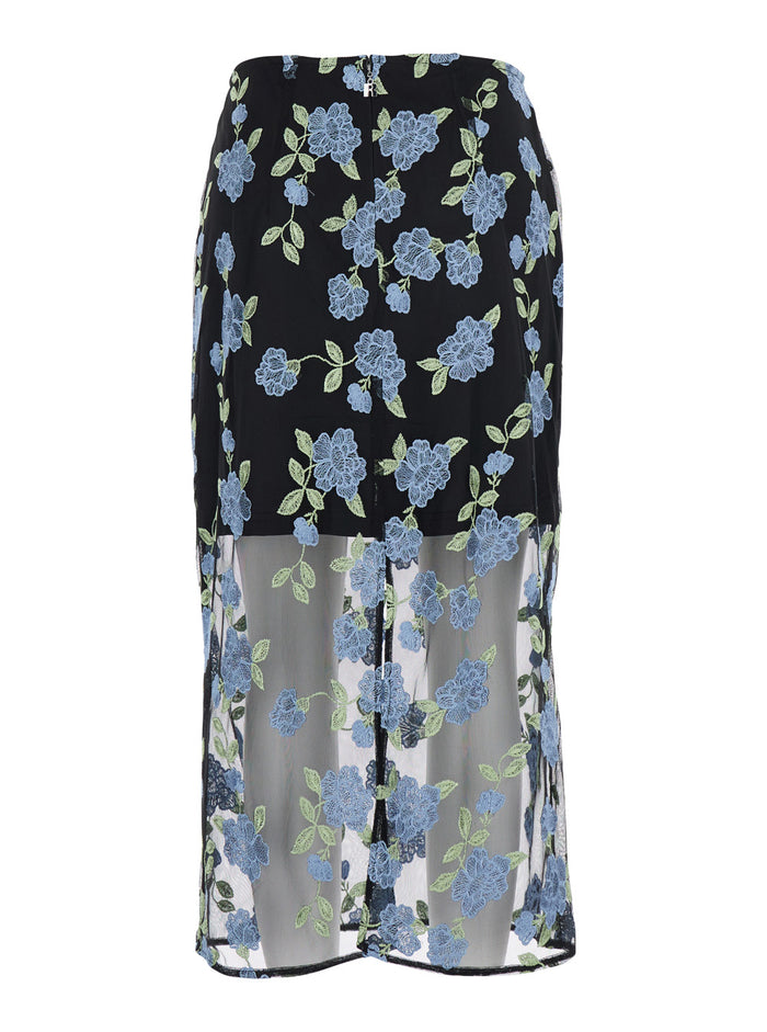 Black Pencil skirt with Mesh Panels and All-Over Floral Motif in Tech Fabric Woman Polyester