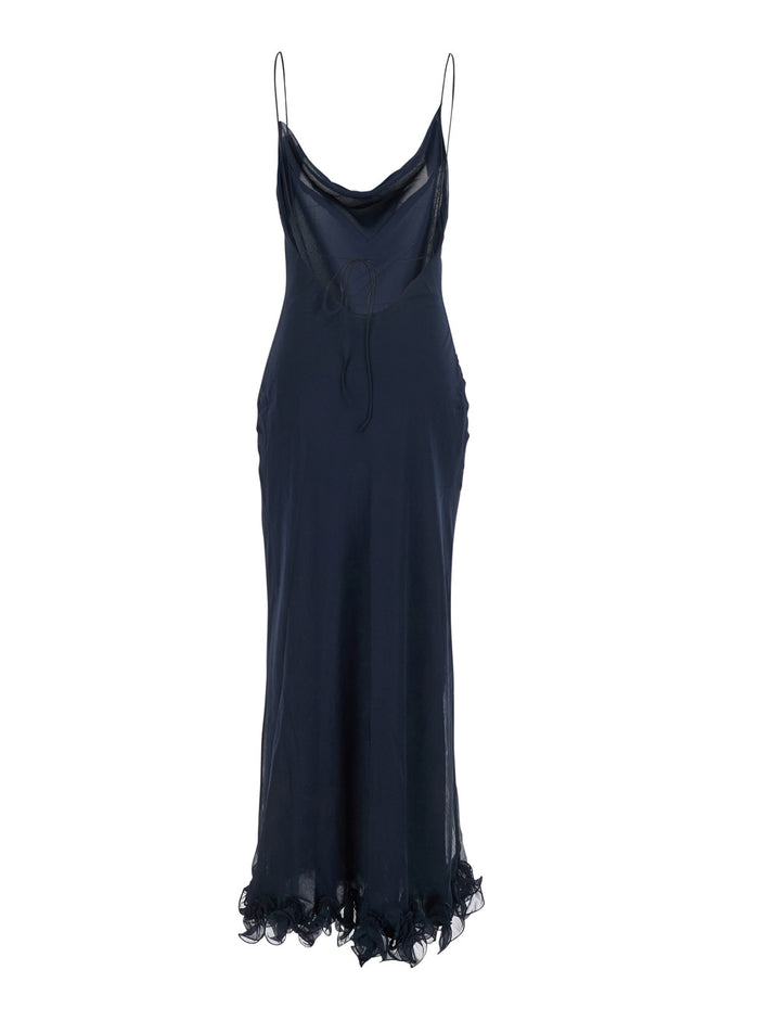 Black Long Dress With Adjustable Spaghetti Straps And Cowl Neck Tech Fabric Woman Blu Polyester