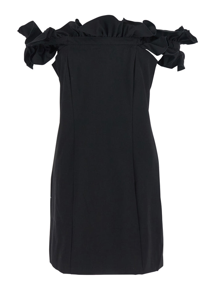 Black Dress With Ruffle Decorations And Details Tech Fabric Woman
