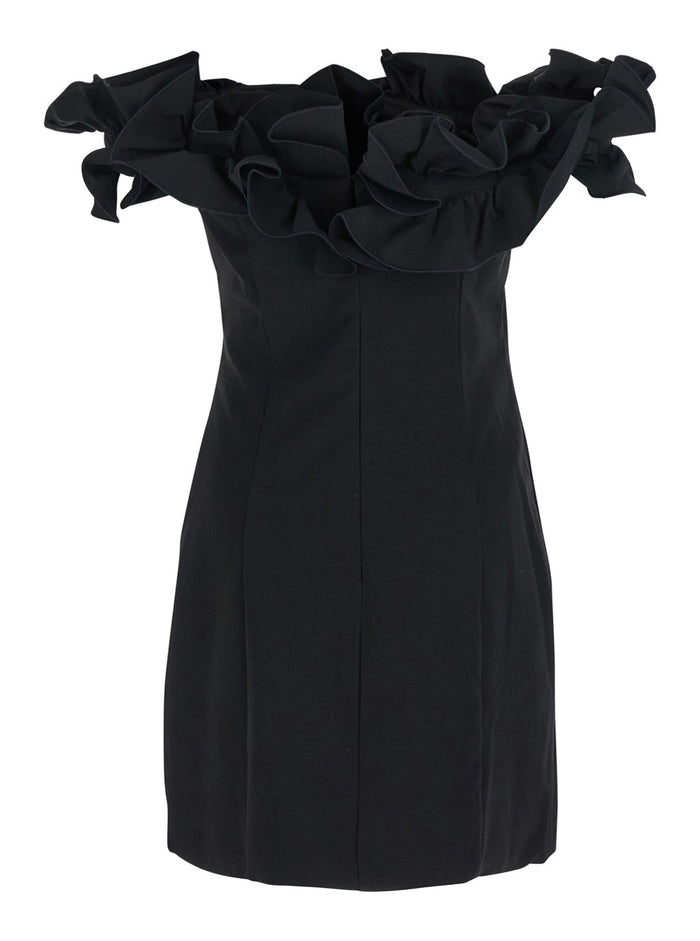Black Dress With Ruffle Decorations And Details Tech Fabric Woman