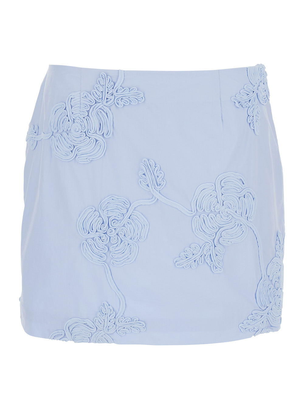 Light Blue Mini Skirt With Low Waist And All-Over Floral Motif Cotton Woman