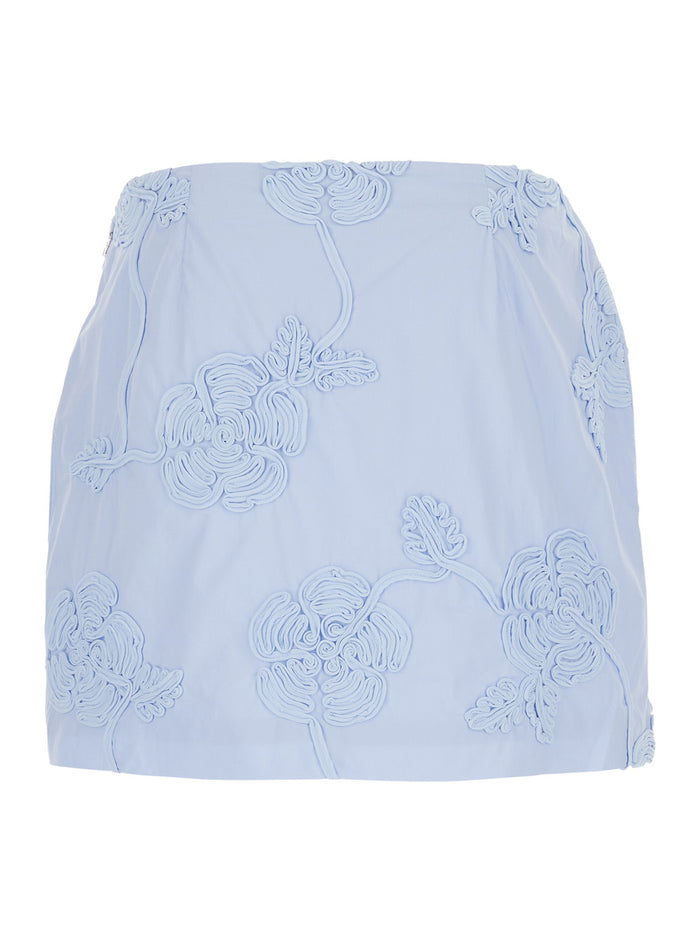Light Blue Mini Skirt With Low Waist And All-Over Floral Motif Cotton Woman