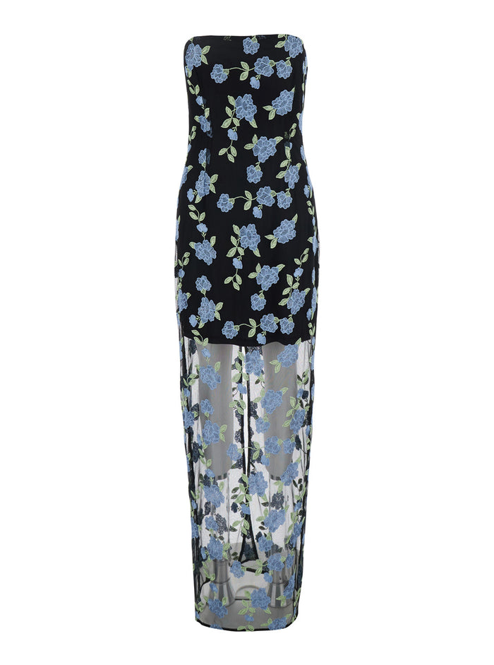 Black Long Dress With All-Over Floral Motif And Semi Sheer Lower Part Tech Fabric Woman Polyester