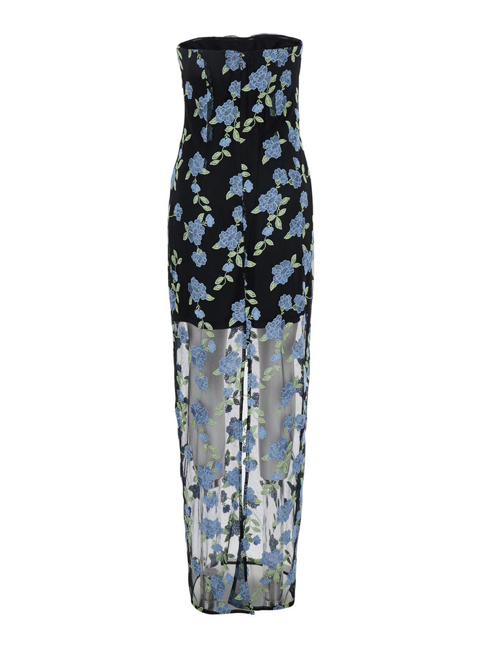Black Long Dress With All-Over Floral Motif And Semi Sheer Lower Part Tech Fabric Woman Polyester