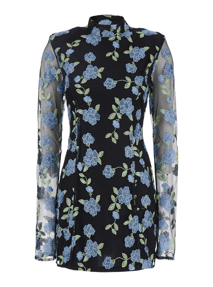 Black High Neck Mini Dress With Semi Sheer Sleeves And All-Over Floral Motif In Tech Fabric Woman Polyamide Viscose Wool