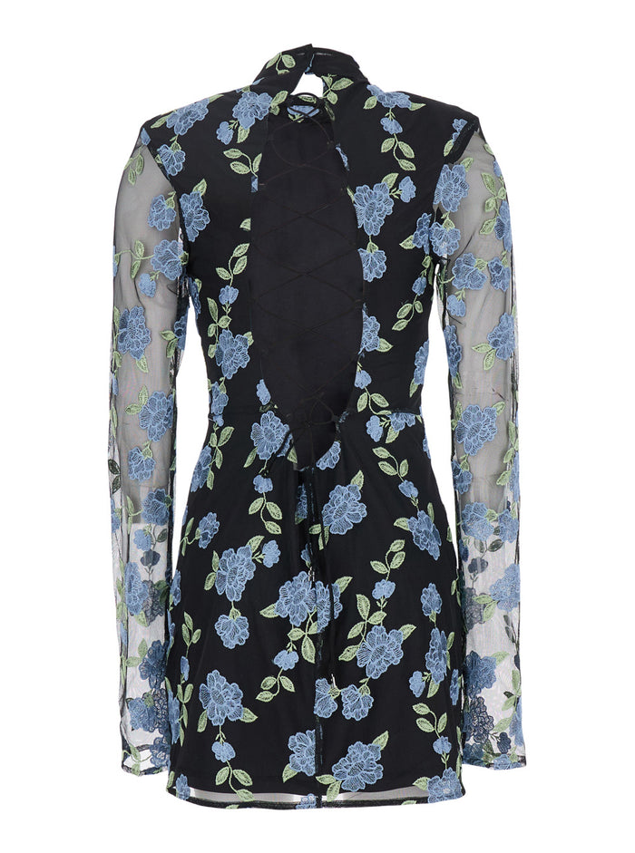 Black High Neck Mini Dress With Semi Sheer Sleeves And All-Over Floral Motif In Tech Fabric Woman Polyamide Viscose Wool