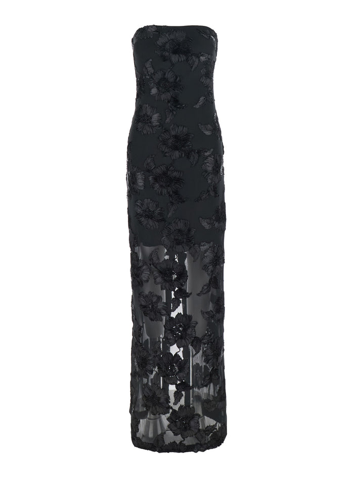 Albertina Black Long Strapless Dress With All-Over Floral Embroidery Tech Fabric Stretch Woman Polyester Elastane