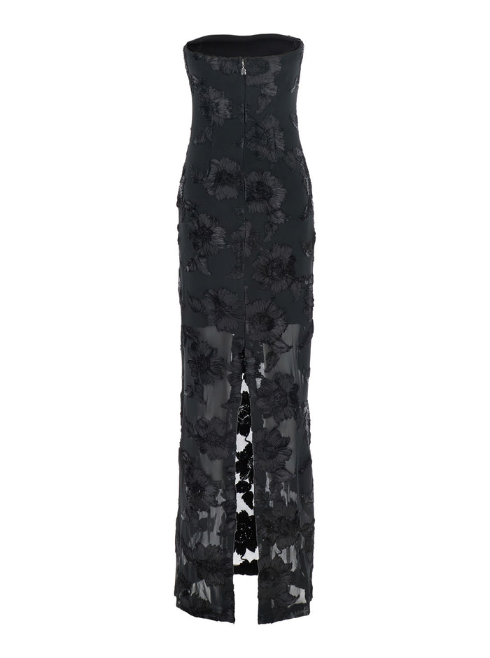 Albertina Black Long Strapless Dress With All-Over Floral Embroidery Tech Fabric Stretch Woman Polyester Elastane