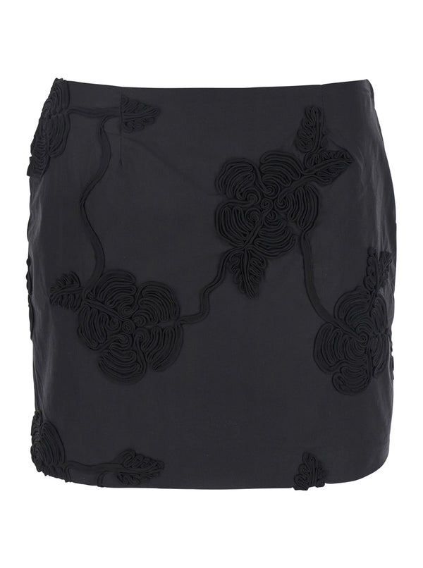 Black Mini Skirt With 3d Floral Details Cotton