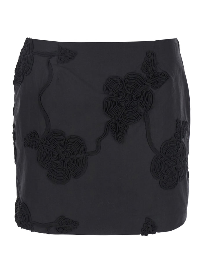 Black Mini Skirt With 3d Floral Details Applied All-Over Cotton Woman