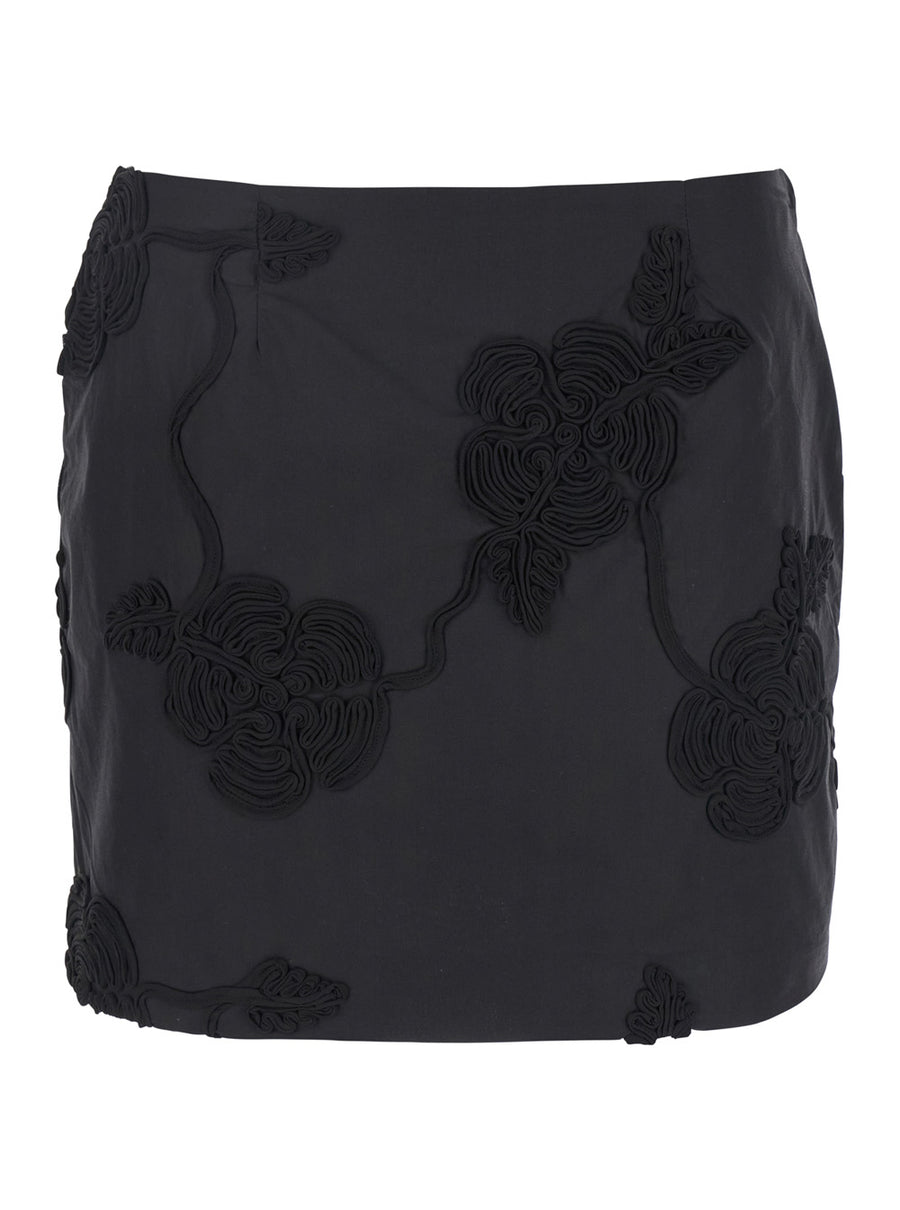Black Mini Skirt With 3d Floral Details Cotton