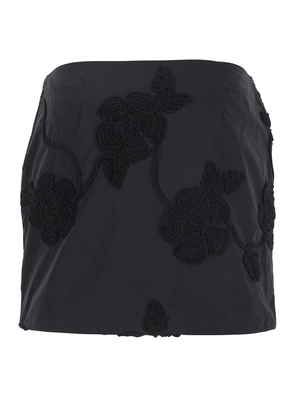 Black Mini Skirt With 3d Floral Details Applied All-Over Cotton Woman