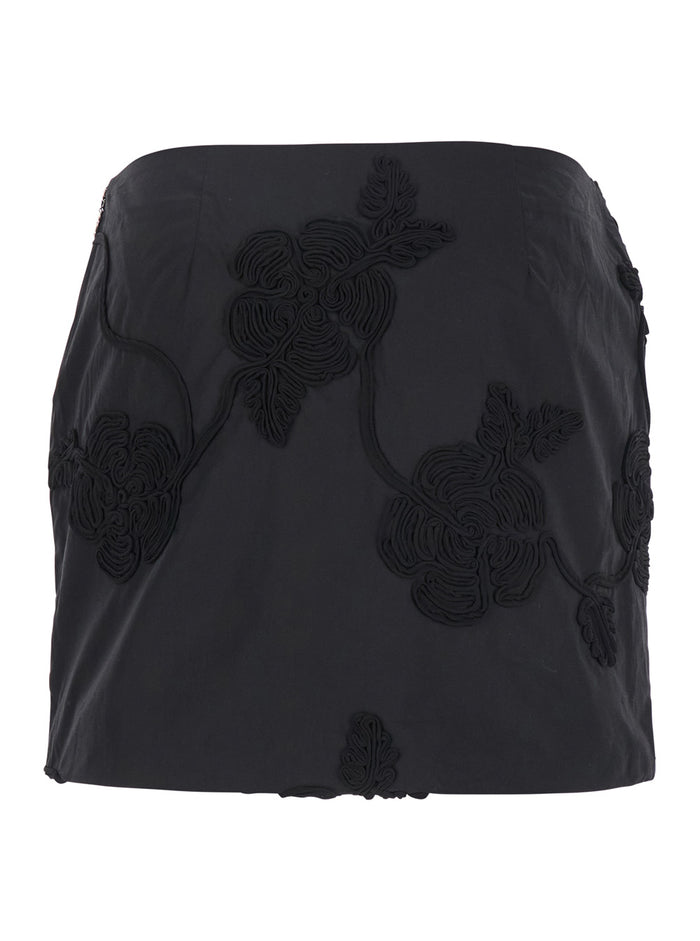 Black Mini Skirt With 3d Floral Details Applied All-Over Cotton Woman