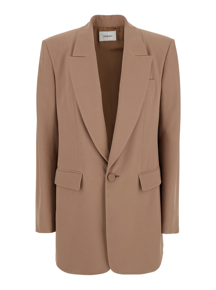 Beige Single-Breasted Jacket with Peak Lapels in Wool Woman Blazers